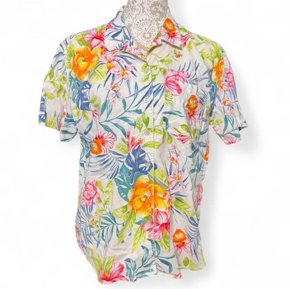 Liz Claiborne Hawaiian T Shirt Floral Tropical Vacation Button Up Size Large